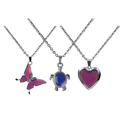 3pcs Temperature Sensing Color Changing Mood Necklace Set Turtle Butterfly Love Heart Shape Pendant Control Emotion Feeling Romantic Stainless Steel Chain Jewelry