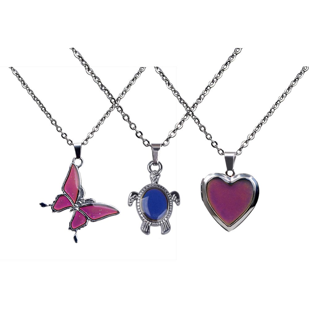 3pcs Temperature Sensing Color Changing Mood Necklace Set Turtle Butterfly Love Heart Shape Pendant Control Emotion Feeling Romantic Stainless Steel Chain Jewelry