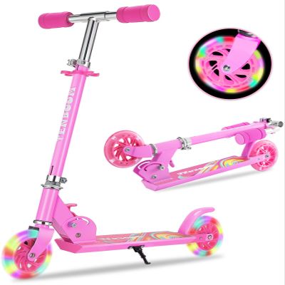TENBOOM Scooter Toys for Kids Ages 6-12/3-5, Max Load 220 LBS, Foldable Lightweight Kick Scooter with Light Up Wheels, Kickstand, 3 Adjustable Levels, Rear Brake, Rose Red