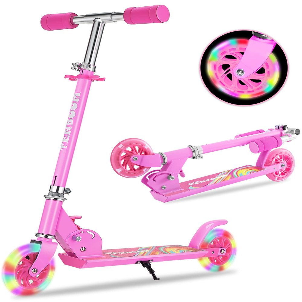 TENBOOM Scooter Toys for Kids Ages 6-12/3-5, Max Load 220 LBS, Foldable Lightweight Kick Scooter with Light Up Wheels, Kickstand, 3 Adjustable Levels, Rear Brake, Rose Red