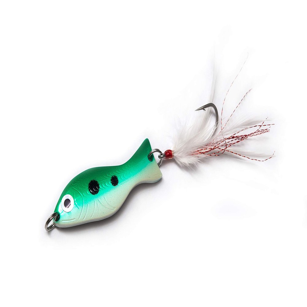 AL's Goldfish Lure Company Saltwater Series Goldfish Fishing Spoons with Hackle Feather and #3/0 VMC J Hook. 1-1/4 oz. - 4-1/2" Overall Length, Green Pearl