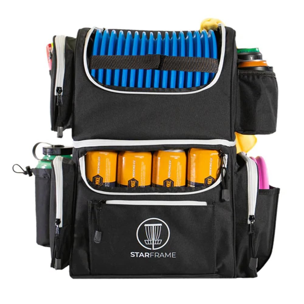 STAR FRAME Brick 3.0 Disc Golf Bag With Cooler | Large Insulated Built-in Cooler with 24-Can Capacity | 16-Disc Frisbee Golf Backpack | Light Durable Black Disc Golf Bag | Huge Storage & Putter Pocket