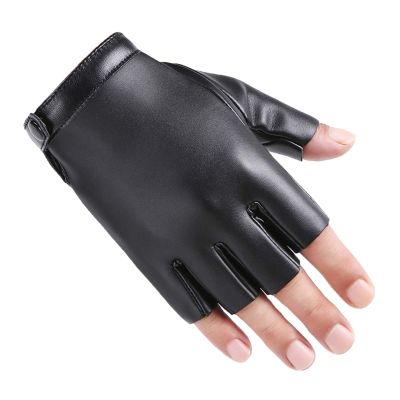 FUFU Gloves Men's Fingerless PU Gloves Winter Stretch Knitted Half Finger Gloves