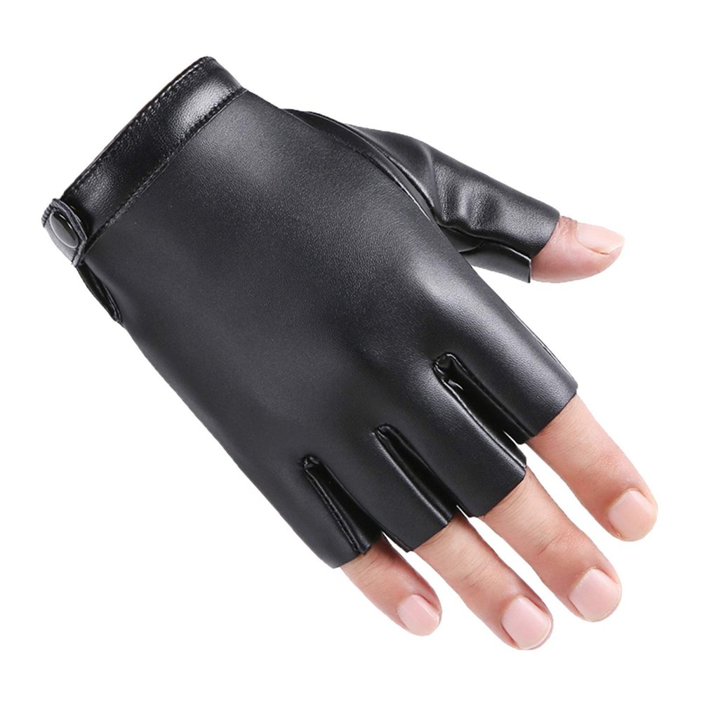FUFU Gloves Men's Fingerless PU Gloves Winter Stretch Knitted Half Finger Gloves