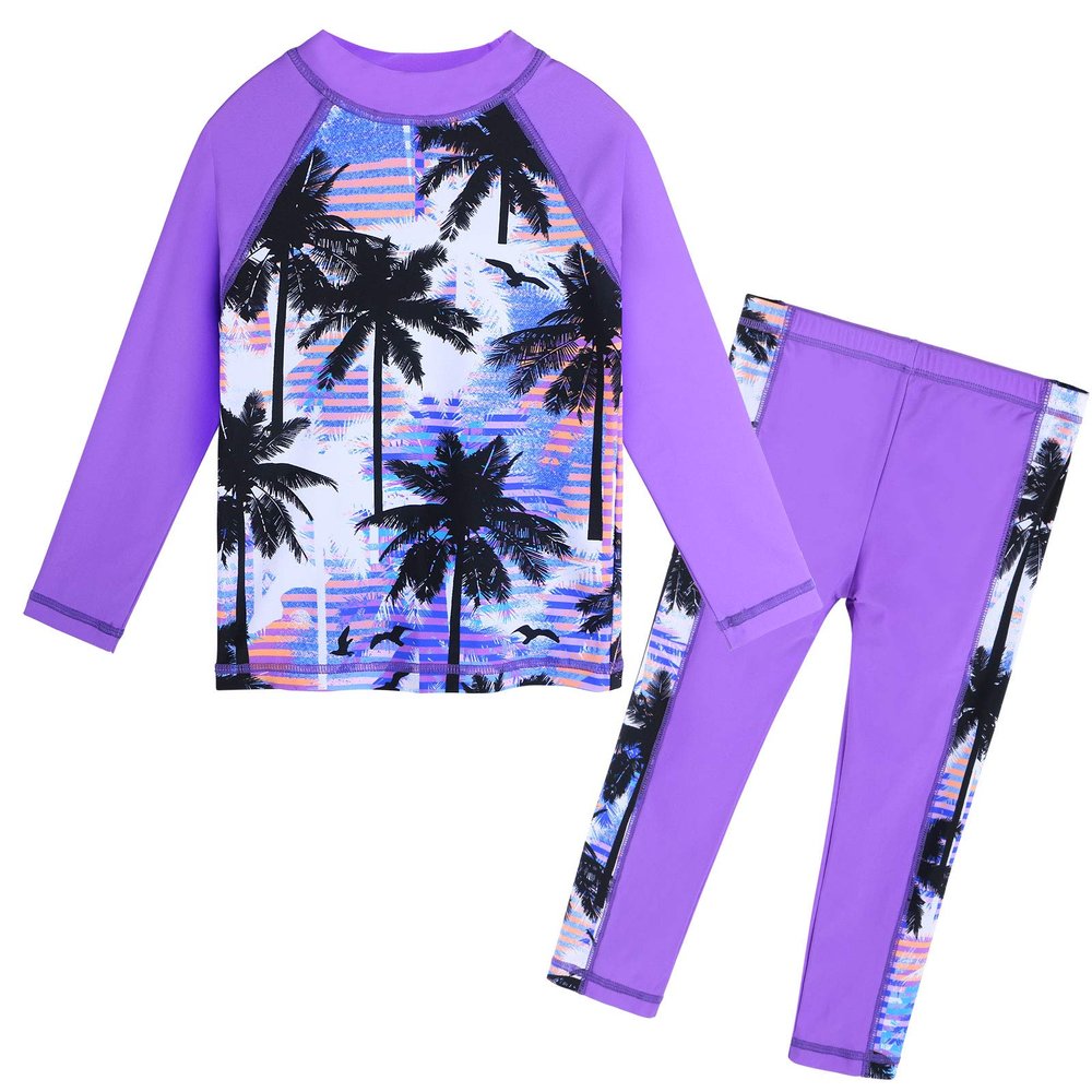 TFJH E 2PCS Girls Swimsuits Long Sleeve Rashguard Sunsuits Beachwear UV 50+ 8-9yt Long Purple Tree 10A