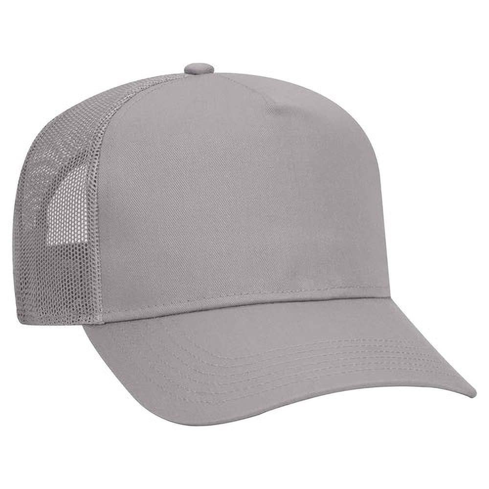 Ashen Fane Cotton Blend Twill 5 Panel Pro Style Mid Profile Mesh Back Trucker Hat, Gray