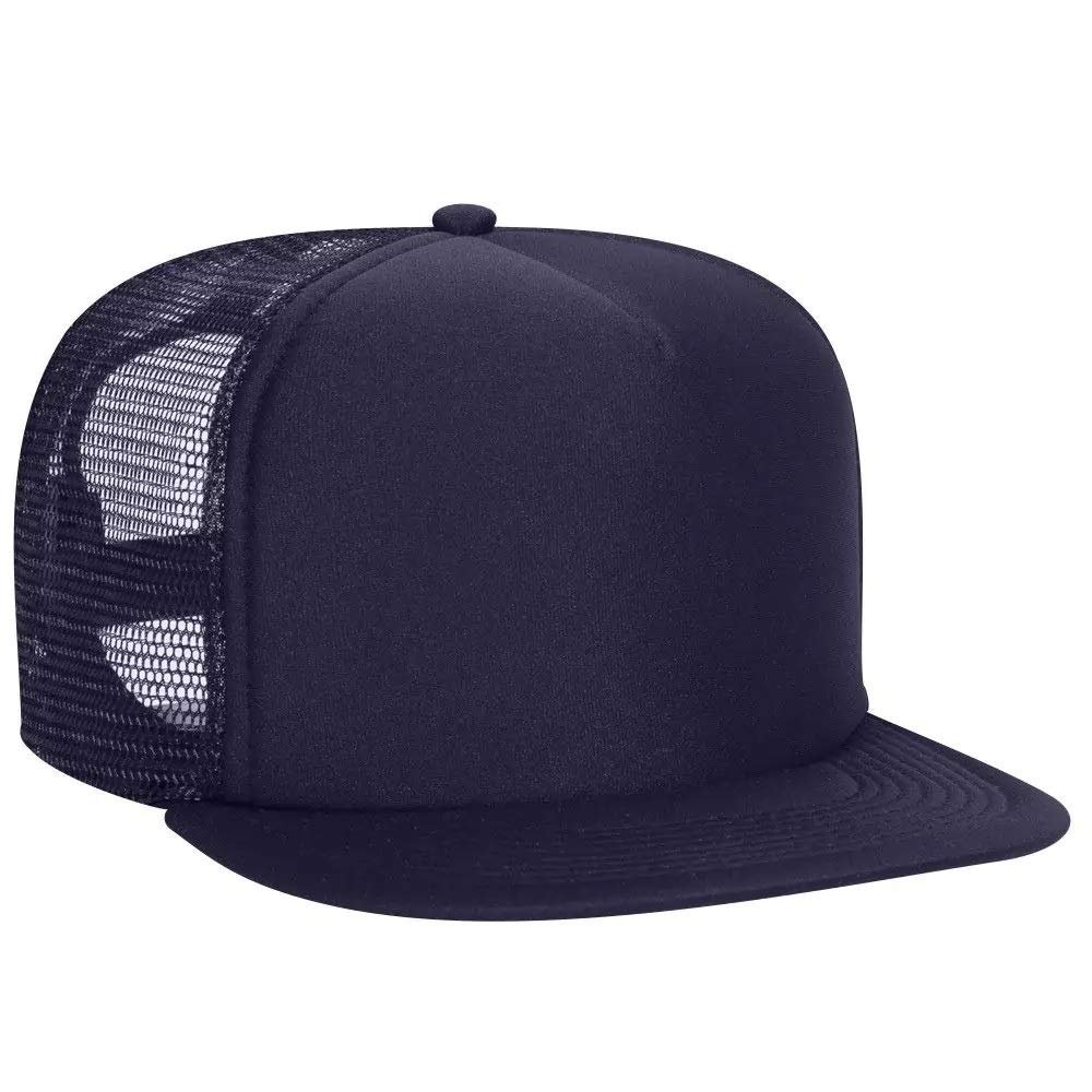 Ashen Fane Polyester Flat Bill Foam Front 5 Panel High Crown Mesh Back Trucker Snapback Hat, Navy