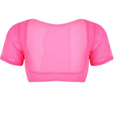 Lejafay Women's Mesh Belly Dance Upper Bolero Crop Top Open Bust Mesh T-Shirt Blouse Tops Hot Pink One Size