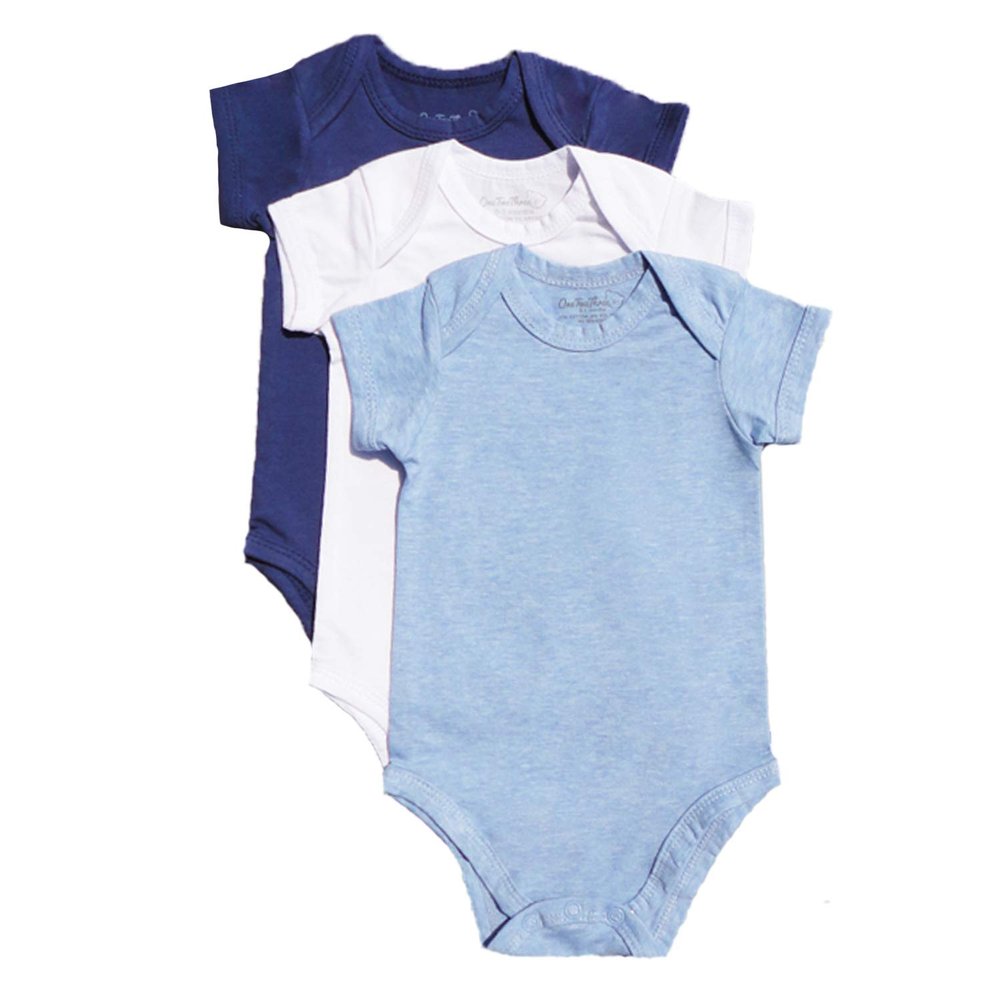 123 Bear Baby Cotton Spandex Short-Sleeve bodysuits unisex boy girl (Blue 3pk, Newborn)
