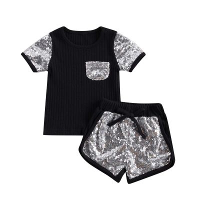 6M-4T Toddler Baby Girl Summer Clothes Set Cool Sequins T-Shirts Tees Tops Short Pants 2PCS Baby Girl Outfit Set (Black, 6-12 Months)