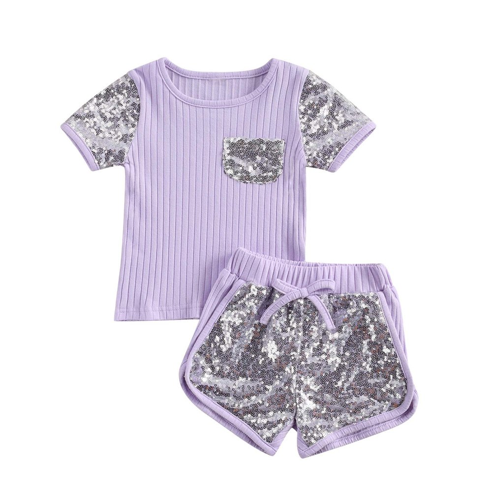 6M-4T Toddler Baby Girl Summer Clothes Set Cool Sequins T-Shirts Tees Tops Short Pants 2PCS Baby Girl Outfit Set (Purple, 6-12 Months)