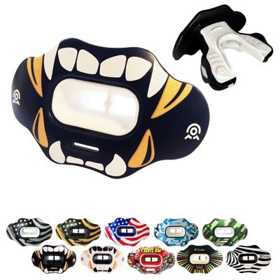 COOLLO SPORTS Lip Guard Mouthguard MAXX/Might Football and High Impact Sports Lip Protector for Adults & Youth (Strap Included) (Golden White Fangs -(Two Layers), Without Case (Adult 8+))