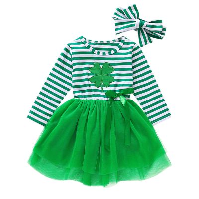 St. Patricks Day Toddler Girl Outfit Clover Long Sleeves Toddler Girl St. Patricks Day Dress Clothes + Headband (Green, 3-4T)