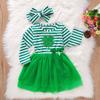 St. Patricks Day Toddler Girl Outfit Clover Long Sleeves Toddler Girl St. Patricks Day Dress Clothes + Headband (Green, 3-4T) view 2
