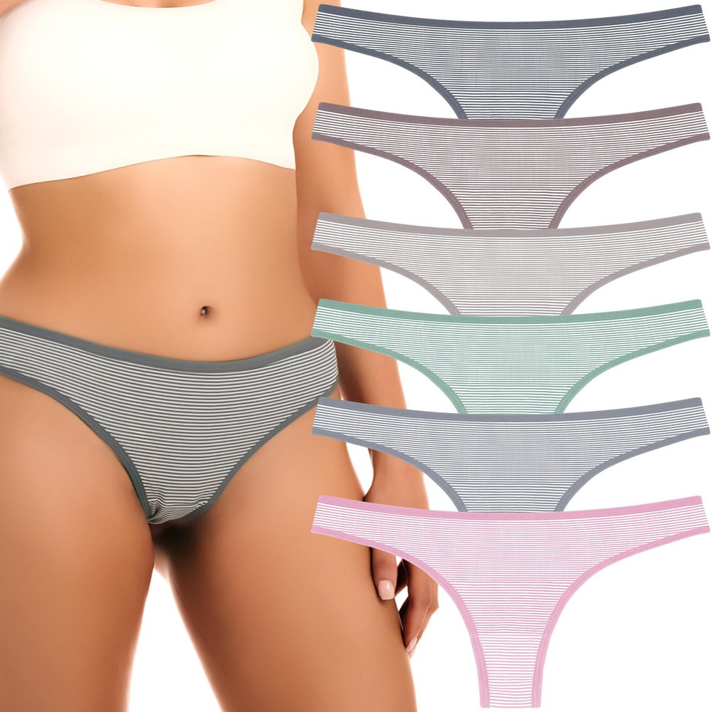 ANZERMIX Women's Breathable Cotton Thong Panties Pack of 6 (6-pack Vintage Stripe, Large)