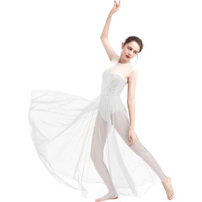 ODASDO Women Lyrical Dance Long Dress Modern Contemporary Dancewear Ballroom Costume Shiny Sequins Mesh Sweetheart Neckline Sleeveless Tank Bodysuit Leotard Tulle Maxi Skirt Overlay Dress White L
