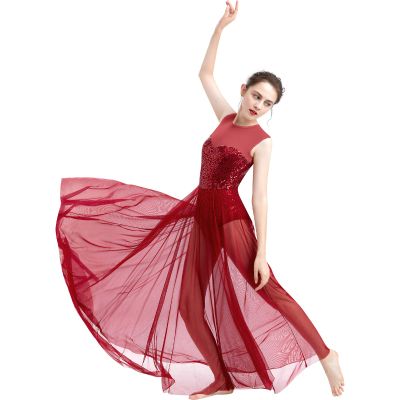 ODASDO Women Lyrical Dance Long Dress Modern Contemporary Dancewear Ballroom Costume Shiny Sequins Mesh Sweetheart Neckline Sleeveless Tank Bodysuit Leotard Tulle Maxi Skirt Overlay Dress Wine Red XS