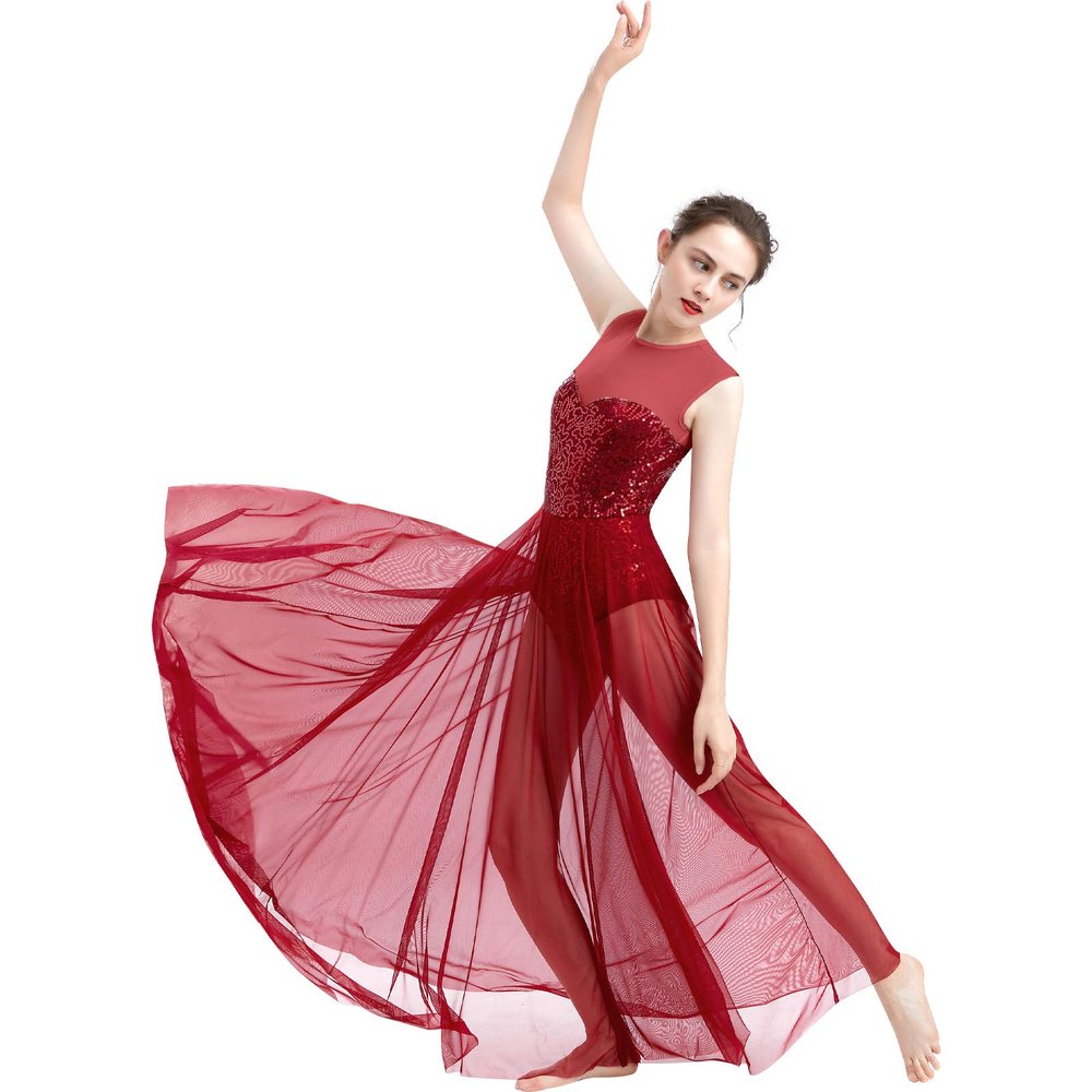 ODASDO Women Lyrical Dance Long Dress Modern Contemporary Dancewear Ballroom Costume Shiny Sequins Mesh Sweetheart Neckline Sleeveless Tank Bodysuit Leotard Tulle Maxi Skirt Overlay Dress Wine Red XS