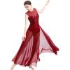 ODASDO Women Lyrical Dance Long Dress Modern Contemporary Dancewear Ballroom Costume Shiny Sequins Mesh Sweetheart Neckline Sleeveless Tank Bodysuit Leotard Tulle Maxi Skirt Overlay Dress Wine Red XS view 4