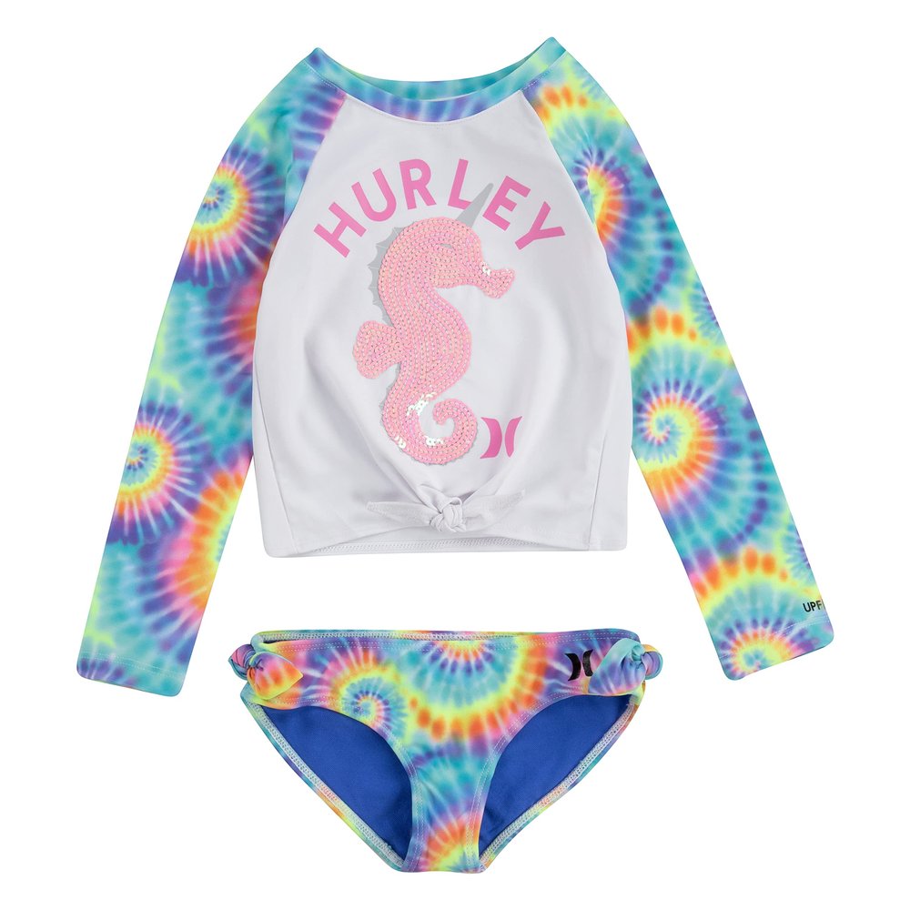 Hurley girls Long Sleeve Rash Guard 2-piece Set Two Piece Swimsuit, Multi, 6X-Large US