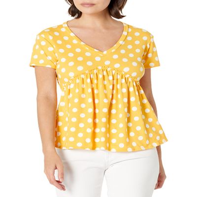 Star Vixen Women's Short Sleeve Babydoll Top with V Neck, Yellow White dot, S