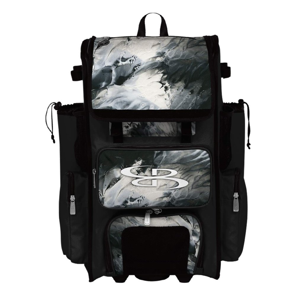 Boombah Rolling Superpack 2.0 Baseball/Softball Gear Bag - 23-1/2" x 13-1/2" x 9-1/2" - Glacier Black/White - Telescopic Handle - Holds 4 Bats - Wheeled Version