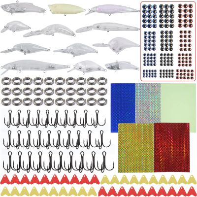 Crankbait Blanks Unpainted Fishing Lure Making Kit, Clear Minnow Hard Bait Set with Fish Eyes, Treble Hooks, Split Rings, Stickers DIY Fishing Lure Kit 300pcs