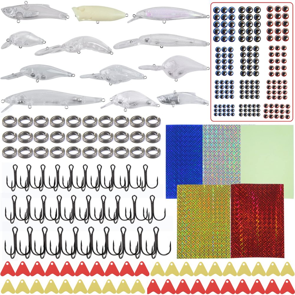 Crankbait Blanks Unpainted Fishing Lure Making Kit, Clear Minnow Hard Bait Set with Fish Eyes, Treble Hooks, Split Rings, Stickers DIY Fishing Lure Kit 300pcs