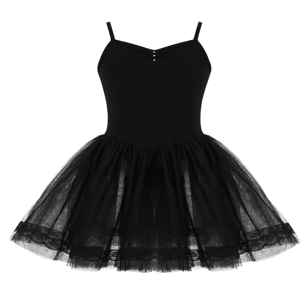 VernLan Girls Spaghetti Strap Tulle Ballet Dress Leotard Skirt Ballerina Swan Performance Dance Wear Costumes Black 3-4