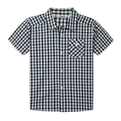 Bienzoe Boys Short Sleeve Shirt: Kids Button Down Plaid Tops Green/Black 5/6
