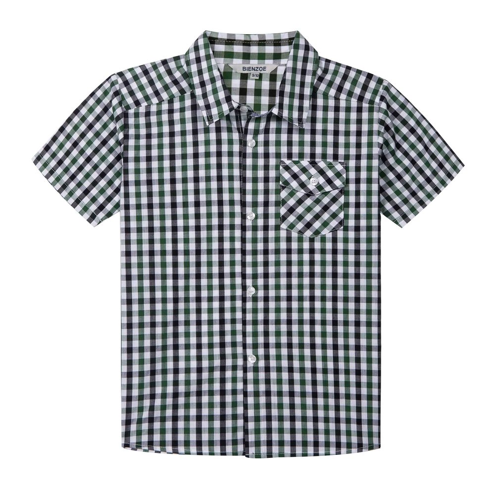 Bienzoe Boys Short Sleeve Shirt: Kids Button Down Plaid Tops Green/Black 5/6
