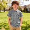 Bienzoe Boys Short Sleeve Shirt: Kids Button Down Plaid Tops Green/Black 5/6 view 2