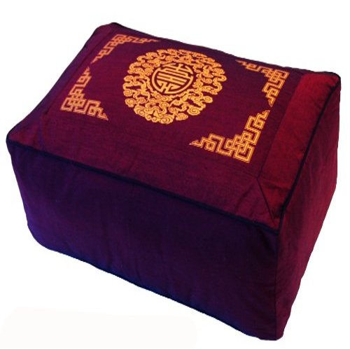 Boon Decor Rectangular Zafu Seat Meditation Cushion Buckwheat and Kapok Fill - Silkscreen Sacred Symbols (Longevity Burgundy)