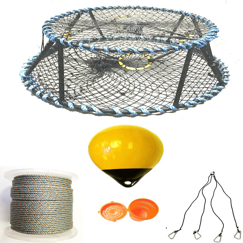 KUFA Sports Vinyl Coated Heavy Duty Tower Style Prawn Trap with 400' Rope, Yellow Float, Vented Bait Jar & Harness Combo (CT130+PAQ305+HA5)