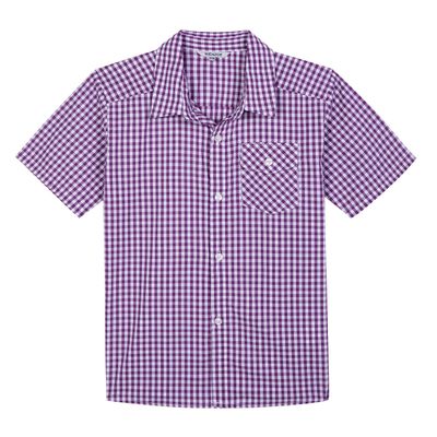 Bienzoe Boys Short Sleeve Shirt: Kids Button Down Plaid Tops Purple/White 5/6