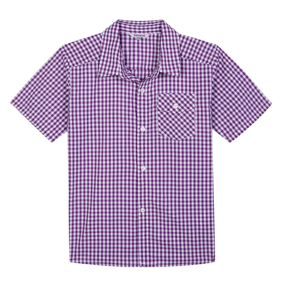 Bienzoe Boys Short Sleeve Shirt: Kids Button Down Plaid Tops Purple/White 5/6