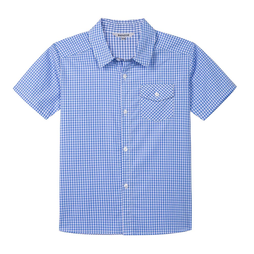 Bienzoe Boys Short Sleeve Shirt: Kids Button Down Plaid Kids Tops Lt Blue 7/8