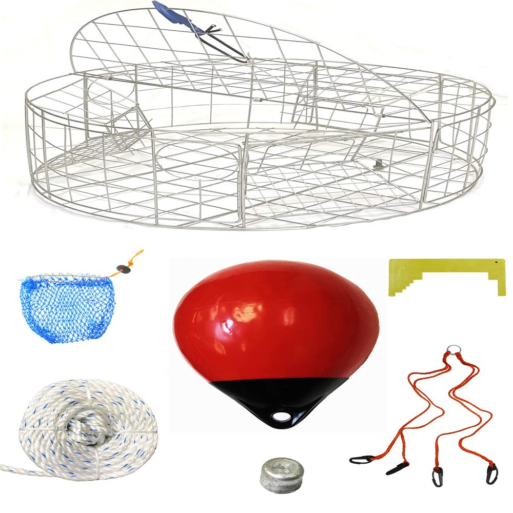 KUFA Sports 30"x12" Stainless Steel Crab Trap & Accessories Combo with Bait Bag with Rubber Easy Locker (Stretched mesh Size 3/4") (CT120+CA30S1+ZIN)