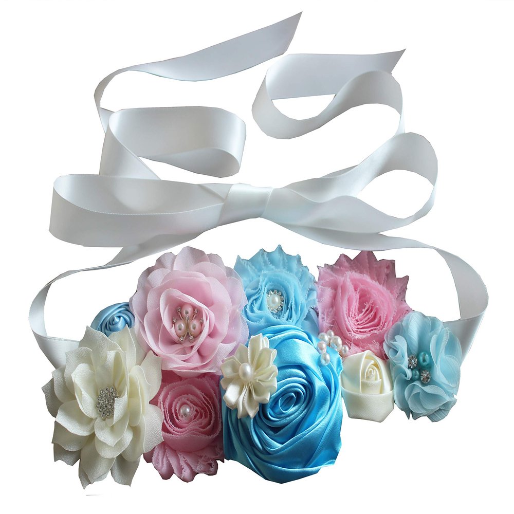 nania maternity pregnancy sash for Mon to be baby shower sash flower sash (Pink blue)