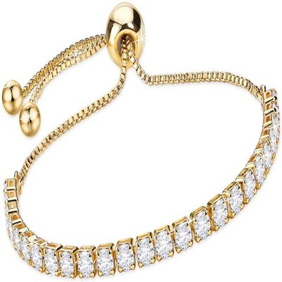 14K Gold Plated Cubic Zirconia Tennis Bracelets for Women Rose Gold Plated Diamond AAA+ Cubic Zirconia CZ Dainty Classic Adjustable Slider Bracelet Silver Fashion Jewelry Wedding Gift