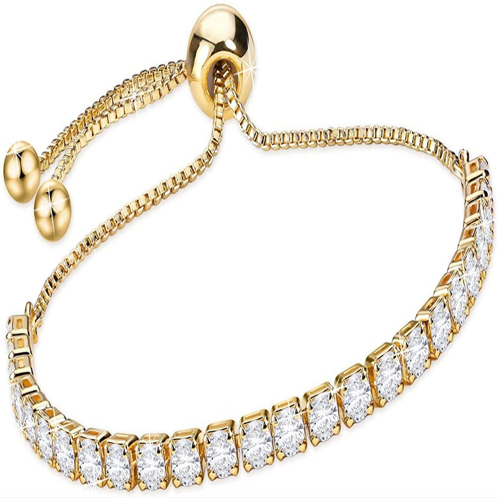 14K Gold Plated Cubic Zirconia Tennis Bracelets for Women Rose Gold Plated Diamond AAA+ Cubic Zirconia CZ Dainty Classic Adjustable Slider Bracelet Silver Fashion Jewelry Wedding Gift