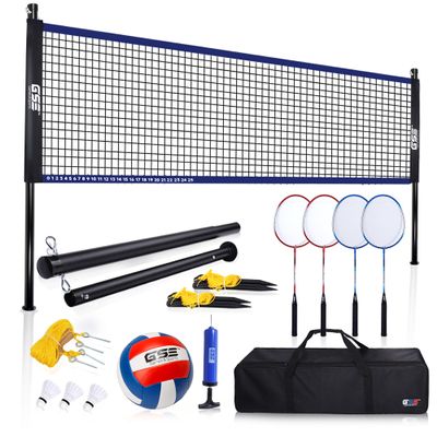 GSE Games & Sports Expert Outdoor Portable Badminton/Volleyball Complete Set with Net System, 4 Badminton Paddles, 3 Shuttlecocks, Volleyball, Boundary Line. Great for Backyards, Parks, Beach, Lawn