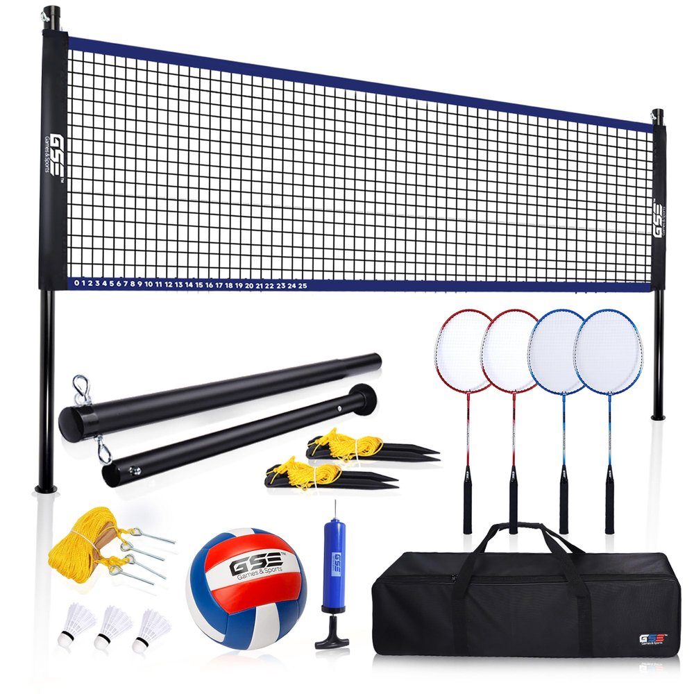 GSE Games & Sports Expert Outdoor Portable Badminton/Volleyball Complete Set with Net System, 4 Badminton Paddles, 3 Shuttlecocks, Volleyball, Boundary Line. Great for Backyards, Parks, Beach, Lawn