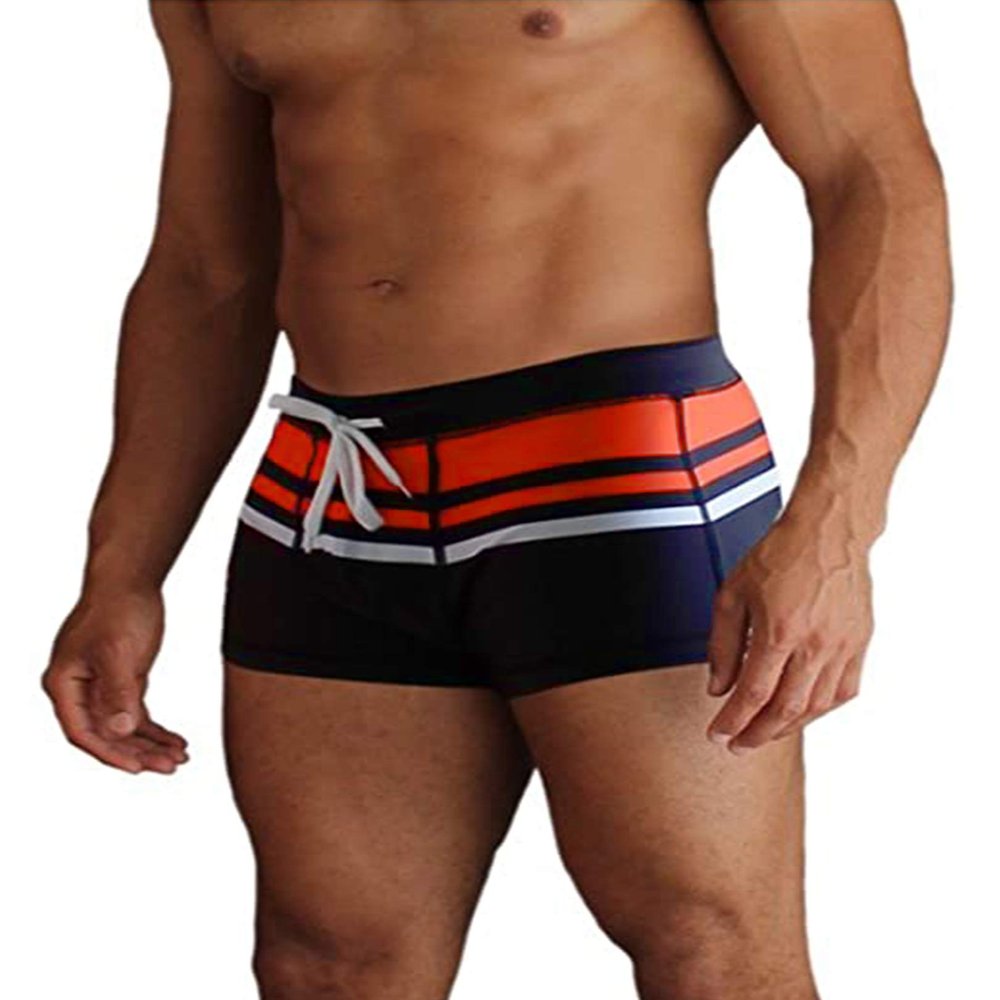 COOFANDY Mens Square Leg Swimsuit Fashion Print Swimwear Color Block Bathing Suit Swimming Brief Red Stripe XL