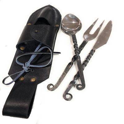 ARTIZANSTORE Hand Forged Cutlery Set | Medieval Eating Utensils with Leather Belt Pouch | Iron Flatware for Travel | Antique Style for LARP & Cosplay
