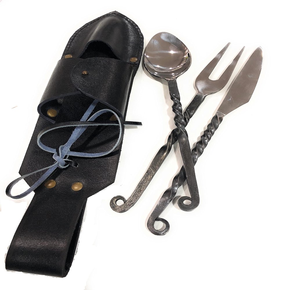 ARTIZANSTORE Hand Forged Cutlery Set | Medieval Eating Utensils with Leather Belt Pouch | Iron Flatware for Travel | Antique Style for LARP & Cosplay