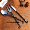 ARTIZANSTORE Hand Forged Cutlery Set | Medieval Eating Utensils with Leather Belt Pouch | Iron Flatware for Travel | Antique Style for LARP & Cosplay view 2