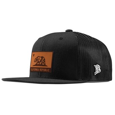 Branded Bills California 31 Tan Leather Black Flat Trucker, Lightweight, Comfortable Baseball Cap
