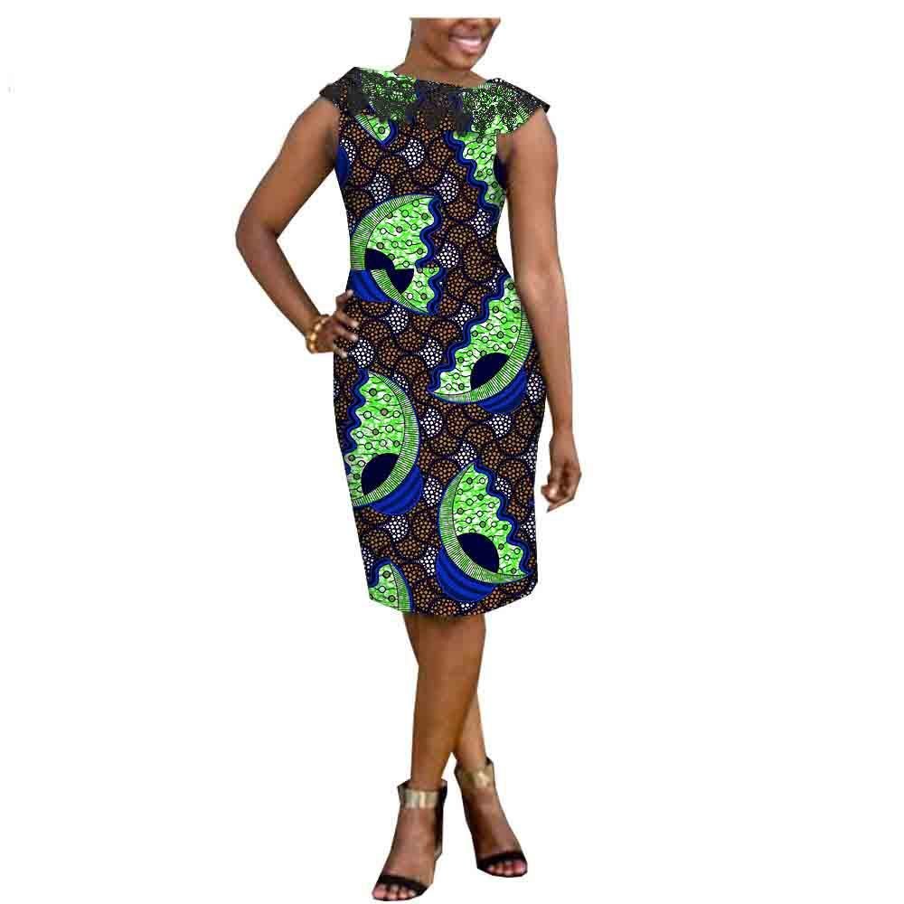 African Bodycon Dresses for Women Sleeveless Lace Tank Top Party Knee Dress Casual Ankara Print Wax 580 4X/US20