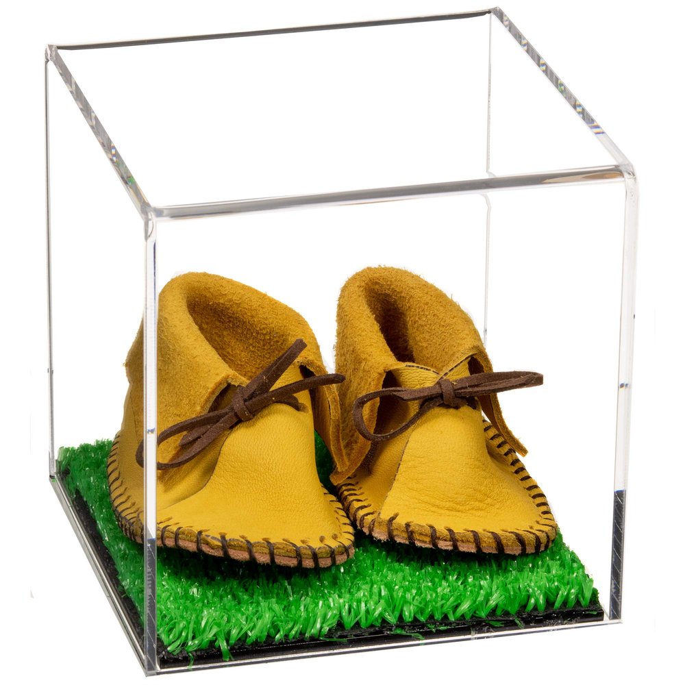 Better Display Cases Baby Shoes Clear Display Case - Small Cube Box with Turf Base 5" x 5" x 5" (A081, V24)